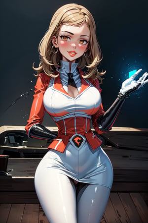 (1girl), (serena), (adult), medium breasts, (medium hips), (curvy), blonde_hair, (makeup) (orange lips:1.2), (long_hair), solo, blush, bracelet, gloves, (metal choker), (team flare earrings), (team flare necklace), (red collared shirt), (necktie), (white jacket), (white blazer:1.5), (white suit:1.5), (white pencil skirt:1.5), (belt), (team flare belt buckle) (beautiful_hands), (perfect_hands),  (black latex pantyhose:1.4), (standing), (evil smile), (sultry eyes:1.3), (sultry pose:1.3), (facing_viewer), (empty eyes), (dull pupils), (brainwash), (trance:1.2), (mind_control:1.2), (night), cyberpunk, (Team Flare), (team flare office:1.4), (regal room:1.5),  (interior), (machinery)  (orange room), (depth of field, best quality, masterpiece, intricate details, high res, official art, more detail, masterpiece, best quality, highres, More Detail, b1mb0