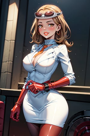 (1girl), (serena), (adult), medium breasts, (medium hips), (curvy), blonde_hair, (makeup) (orange lips:1.2), (long_hair), solo, blush, bracelet, gloves, (sunglasses),(orange pearl earrings), (team flare necklace), (red collared shirt), (necktie), (white jacket), (white blazer:1.5), (white suit:1.5), (white pencil skirt:1.5), (belt), (team flare belt buckle) (beautiful_hands), (perfect_hands), (red latex pantyhose:1.4), (standing), (evil smile), (sultry eyes:1.3), (sultry pose:1.3), (facing_viewer), (empty eyes), (dull pupils), (brainwash), (trance:1.2), (mind_control:1.2), (night), (Team Flare), (team flare office:1.4), (regal room:1.5),  (interior), (orange room), (depth of field, best quality, masterpiece, intricate details, high res, official art, more detail, masterpiece, best quality, highres, More Detail, b1mb0