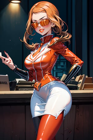 (1girl), (serena), (adult), medium breasts, (medium hips), (curvy), (orange hair), (makeup) (orange lips:1.2), (long_hair), solo, blush, bracelet, (long nails), (red nail polish), (eyeshadow), (eyeliner), (sunglasses),(orange pearl earrings), (team flare necklace), (red collared shirt), (necktie), (white jacket), (white blazer:1.5), (white suit:1.5), (white pencil skirt:1.5), (belt), (team flare belt buckle:1.2) (beautiful_hands), (perfect_hands), (red latex pantyhose:1.4), (standing), (evil smile), (sultry eyes:1.3), (hands_on_hips), (facing_viewer), (empty eyes), (dull pupils), (brainwash), (trance:1.2), (mind_control:1.2), (night), (Team Flare), (team flare office:1.4), (regal room:1.5),  (interior), (orange room), (depth of field, best quality, masterpiece, intricate details, high res, official art, more detail, masterpiece, best quality, highres, More Detail, b1mb0