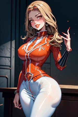 (1girl), (serena), (adult), medium breasts, (medium hips), (curvy), blonde_hair, (makeup) (orange lips:1.2), (long_hair), solo, blush, bracelet, (long nails), (red nail polish), (eyeshadow), (eyeliner), (sunglasses),(orange pearl earrings), (team flare necklace), (red collared shirt), (necktie), (white jacket), (white blazer:1.5), (white suit:1.5), (white pencil skirt:1.5), (belt), (team flare belt buckle) (beautiful_hands), (perfect_hands), (red latex pantyhose:1.4), (standing), (evil smile), (sultry eyes:1.3), (sultry pose:1.3), (facing_viewer), (empty eyes), (dull pupils), (brainwash), (trance:1.2), (mind_control:1.2), (night), (Team Flare), (team flare office:1.4), (regal room:1.5),  (interior), (orange room), (depth of field, best quality, masterpiece, intricate details, high res, official art, more detail, masterpiece, best quality, highres, More Detail, b1mb0