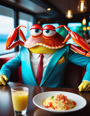 ((detailed)), ((masterpiece)), ((best quality)), ((Unparalleled)), ((Stunning)), Immersive, hyper realistic,
Photo realistic  Mr. Crab from SpongeBob movie, humonoid, fat body, hands and fingger from Crab, sitting at cafe eating spagetti, wearing expensive suit,  big eyes to viewer,
 Digital artwork, Dramatic lighting, Dynamic light, illumination, Theatrical lighting, 50mm, Natural field of view, Nifty fifty,Landskaper