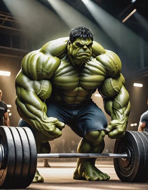 ((detailed)), ((masterpiece)), ((best quality)), ((Unparalleled)), ((Stunning)), Immersive, hyper realistic,
Photo realistic of hulk half deadlifting 800lbs,
 Digital artwork, Dramatic lighting, Dynamic light, High contrast illumination, Theatrical lighting, 50mm, Natural field of view, Nifty fifty,Landskaper