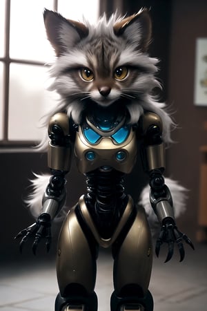 best quality, ((high quality::):1.3),realistic fur and mane with dynamic movement,dynamic view,colorful,very clear,very smooth,indoors,absurdres,intricate,real life,accurate paws and tail,cinestill,Epicrealism,Clairese the robo-coon,cute and friendly,sexy