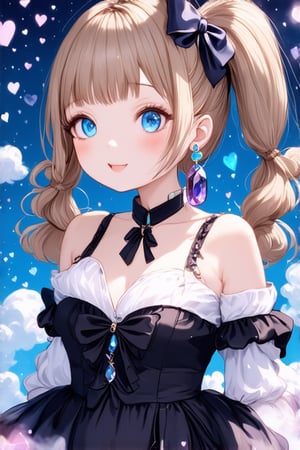 1 girl, solo, long hair, twin tail hairstyle, looking at viewer, blush, bangs, hair accessory, jewels, blue eyes, light brown wavy hair, ribbon, bow, earrings, medium bust, loli, off shoulder, gothic outfit, open lips, blurry, ((masterpiece)), excellent quality, light particles, fluffy clouds, hearts, ((stunning images: 1.3)), ((crystals in the air: 1)), detailed, detailed masterpiece, anime art style. , ek_real_b00ster, ek_ani_b00ster