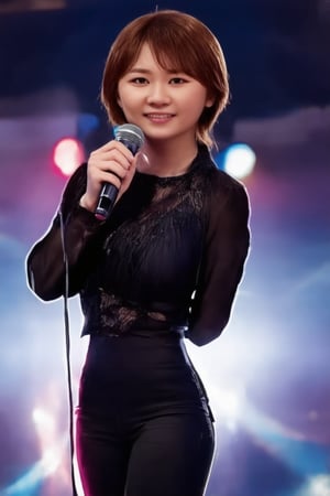 A glamorous K-pop star stands center stage, exuding elegance and charm. The scene is set in a grand concert hall, with spotlights creating a dramatic effect, highlighting her flawless makeup and luxurious attire. She poses with a confident smile, holding a microphone, her posture reflecting poise and sophistication. The background is filled with vibrant, colorful lights, enhancing the atmosphere of a high-energy performance. The composition captures her star power and the electrifying ambiance of a K-pop concert.