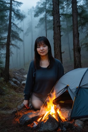 A young Japanese woman is camping in a deep mountain forest with thick fog,campfire,masterpiece,best quality,ultra detailed face,ultra detailed,4k,((blue eyes,blueeyes,blue_eyes)),skinny,(wide shot),ghost_girl,ghost,night,spooky,midnight,cleavage,dirty shirts,(boobs),tent,campfire