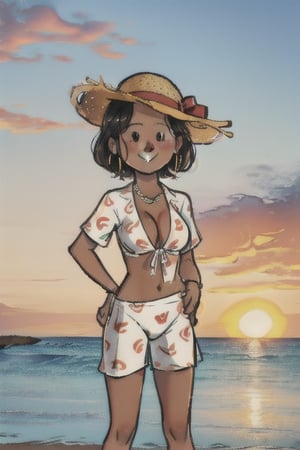 chibi, closeup picture, style parody, ((masterpiece,best quality)), absurdres, hmdmg1, woman, cute, solo, looking at viewer, cowboy shot, cinematic composition, contrapposto, eldmeisterog style ,sks style,rough_art, smiling, medium breasts, water, beach,sunset_scenery_background, one_piece_swimsuit, straw hat, very dark skin,  woman, sex