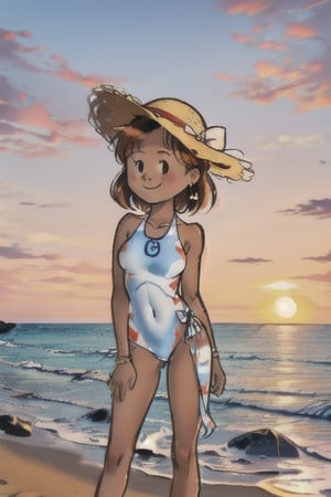 chibi, closeup picture, style parody, ((masterpiece,best quality)), absurdres, hmdmg1, woman, cute, solo, looking at viewer, cowboy shot, cinematic composition, contrapposto, eldmeisterog style ,sks style,rough_art, smiling, medium breasts, water, beach,sunset_scenery_background, one_piece_swimsuit, straw hat, very dark skin,  woman, sex