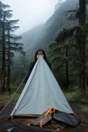 A young Japanese woman is camping in a deep mountain forest with thick fog,campfire,masterpiece,best quality,ultra detailed face,ultra detailed,4k,((blue eyes,blueeyes,blue_eyes)),skinny,(wide shot),ghost_girl,ghost,night,spooky,midnight,cleavage,dirty shirts,(boobs),tent,campfire