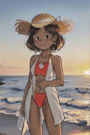 chibi, closeup picture, style parody, ((masterpiece,best quality)), absurdres, hmdmg1, woman, cute, solo, looking at viewer, cowboy shot, cinematic composition, contrapposto, eldmeisterog style ,sks style,rough_art, smiling, medium breasts, water, beach,sunset_scenery_background, one_piece_swimsuit, straw hat, very dark skin,  woman, sex