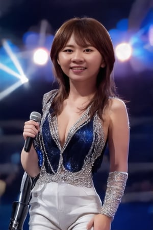 A glamorous K-pop star stands center stage, exuding elegance and charm. The scene is set in a grand concert hall, with spotlights creating a dramatic effect, highlighting her flawless makeup and luxurious attire. She poses with a confident smile, holding a microphone, her posture reflecting poise and sophistication. The background is filled with vibrant, colorful lights, enhancing the atmosphere of a high-energy performance. The composition captures her star power and the electrifying ambiance of a K-pop concert.