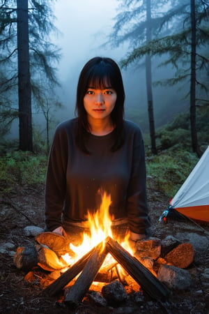 A young Japanese woman is camping in a deep mountain forest with thick fog,campfire,masterpiece,best quality,ultra detailed face,ultra detailed,4k,((blue eyes,blueeyes,blue_eyes)),skinny,(wide shot),ghost_girl,ghost,night,spooky,midnight,cleavage,dirty shirts,(boobs),tent,campfire