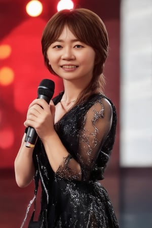 A glamorous K-pop star stands center stage, exuding elegance and charm. The scene is set in a grand concert hall, with spotlights creating a dramatic effect, highlighting her flawless makeup and luxurious attire. She poses with a confident smile, holding a microphone, her posture reflecting poise and sophistication. The background is filled with vibrant, colorful lights, enhancing the atmosphere of a high-energy performance. The composition captures her star power and the electrifying ambiance of a K-pop concert.