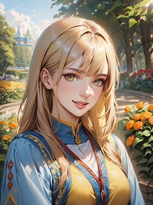 absurdres, highres, ultra detailed, (solo, 1girl:1.3),
BREAK upper body, beautiful young woman, blonde, smiling, (in beautiful Ukrainian national costume of blue-yellow color), sunny day, botanical garden, realistic, Supersex
