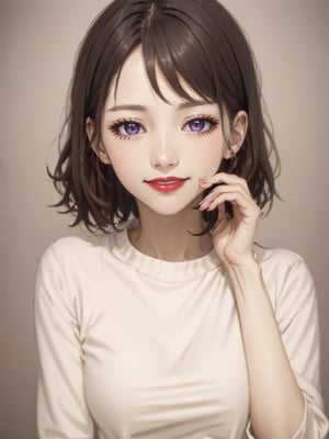 absurdres, highres, ultra detailed, (solo, 1girl:1.3),
BREAK rating:safe, 1girl, solo, black_hair, hand_on_own_face, head_rest, looking_at_viewer, hand_on_own_cheek, bangs, simple_background, grey_background, closed_mouth, purple_eyes, face, red_lips, brown_background, eyelashes, smile, short_hair, lips, hands_on_own_face, black_eyes, portrait, fingernails, close-up, epiC35mm