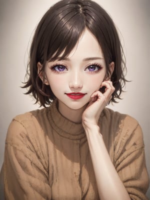 absurdres, highres, ultra detailed, (solo, 1girl:1.3),
BREAK rating:safe, 1girl, solo, black_hair, hand_on_own_face, head_rest, looking_at_viewer, hand_on_own_cheek, bangs, simple_background, grey_background, closed_mouth, purple_eyes, face, red_lips, brown_background, eyelashes, smile, short_hair, lips, hands_on_own_face, black_eyes, portrait, fingernails, close-up, epiC35mm