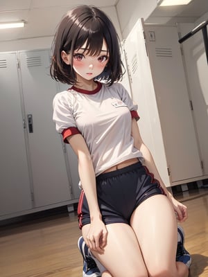 absurdres, highres, ultra detailed, (1girl:1.3), BREAK 16 years old, japanese, black small eyes, black hair, bob cut, (gym uniform, red buruma, white shirt, short sleeves, thighs:1.3), indoors, locker room, BRS0, full_body shot,