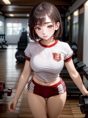 absurdres, highres, ultra detailed, (1girl:1.3),
BREAK 16 years old, japanese, black small eyes, black hair, bob cut, (gym uniform, red buruma, white shirt, short sleeves, thighs:1.3), indoors, locker room