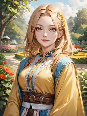absurdres, highres, ultra detailed, (solo, 1girl:1.3),
BREAK upper body, beautiful young woman, blonde, smiling, (in beautiful Ukrainian national costume of blue-yellow color), sunny day, botanical garden, realistic, Supersex