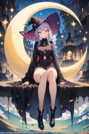 (masterpiece, top quality, best quality, official art, beautiful and aesthetic:1.2), (1girl:1.4), extreme detailed, A witch sitting on a crescent moon, witch robe, witch hat, surreal,