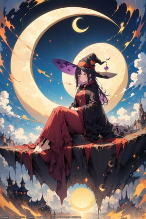 (masterpiece, top quality, best quality, official art, beautiful and aesthetic:1.2), (1girl:1.4), extreme detailed, A witch sitting on a crescent moon, witch robe, witch hat, surreal,