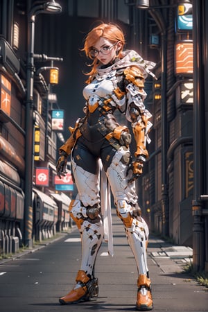 A beautiful 25 year old woman, ginger girl, hazel eyes, She has a body of a fitness model, medium breasts, glasses, serious face, hourglass body shape, slim waist, ((full-body_portrait)), wearing camo soldier combat and armor, fullbody armor, injuries, battle_stance,disgusted face,urban techwear,baimecha