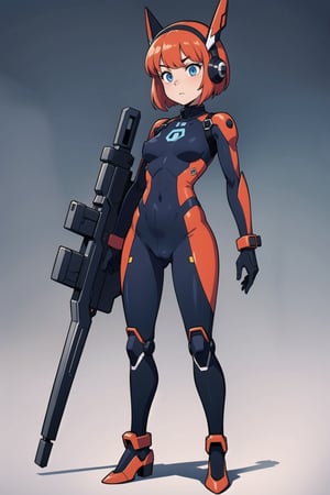 (masterpiece), science fiction, scenery,  1girl, short hair, bangs, ginger girl, blue eyes, mecha headgear, sci-fi bodysuits, full body, white black and red colors suit