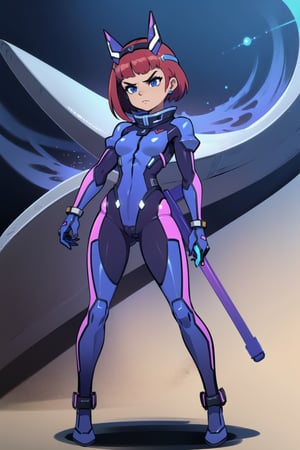 (masterpiece), science fiction, scenery,  1girl, middle hair, bangs, serious face, intimidating, ginger girl, blue eyes, mecha headgear, sci-fi bodysuits, full armor, full body, suit medieval style