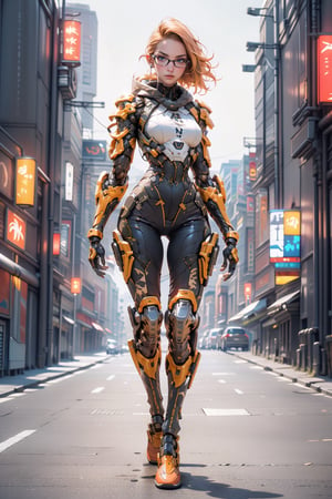 A beautiful 25 year old woman, ginger girl, hazel eyes, She has a body of a fitness model, medium breasts, glasses, serious face, hourglass body shape, slim waist, ((full-body_portrait)), wearing camo soldier combat and armor, fullbody armor, injuries, battle_stance,disgusted face,urban techwear,baimecha