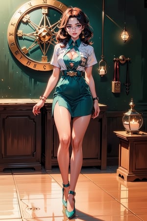 A beautiful 25 year old woman, ginger girl, hazel eyes, She has a body of a fitness model, medium breasts, glasses, joyful look, (smlie), happy, hourglass body shape, slim waist, ((full-body_portrait)), in long dark green dress with line, triangles, tesseract cube, elegant and majestic dress, bloody dress, blood_on_face , cleavage cutout, xiala,Enhance,Nice legs and hot body,fingersmile,sm4c3w3k,collared shirt,short sleeves,wrenchgeometricgalore