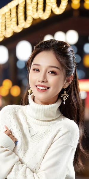 ((jisoo,goyoonjung,m_kayoung,hyojoo),, (1girl)masterpiece, (photorealistic:1.4)Highres close up photo of a woman, ultimate photorealism, rkps,  wearing jeans and white turtleneck, night time, ornate Indian jewelry, smiling, cinematic lighting, background of city lights in beautiful bokeh  
 

   ,High detailed ,realhands,,Hori,better_hands,1 girl,jisoo,goyoonjung,m_kayoung,Chris_Xvoor,sejeonglorashy,yoona,nana,imjinah,perfect,fingers,yuzu,hand,milokk,realhands,Seolhyun,han ,hyojoo,iu,seethru,