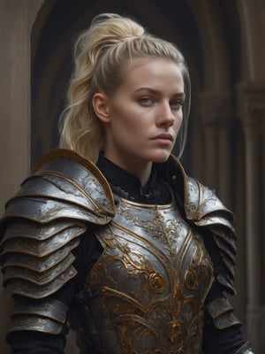 Background temple (sacred paladin:1.2) wearing mutiple layer (plate armor:1.2), blonde, ponytail, Concept art portrait by Greg rutkowski, Artgerm, hyperdetailed intricately detailed gothic art trending on Artstation triadic colors Unreal Engine 5 detailed matte painting, deep color, fantastical, intricate detail, splash screen, complementary colors, fantasy concept art, 8k resolution, gothic deviantart masterpiece