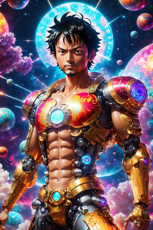 sci-fi style, luffy from one piece with cyborg body, action pose, synthwave neon lights illuminate a soaring spacecraft amidst a vibrant cosmic nebula, energy, molecular, textures, pure perfection, divine presence, unforgettable, volumetric light, auras, rays, vivid colors reflects,EpicSky