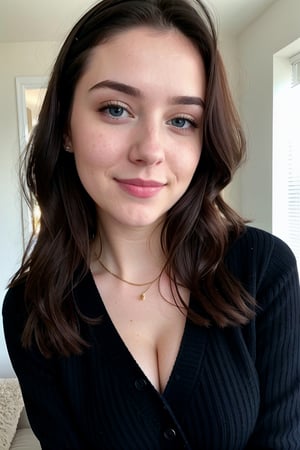 instagram photo, closeup face photo of 23 y.o Chloe in black sweater, cleavage, pale skin, (smile:0.4), hard shadows, blue eyes