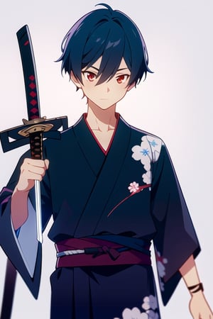 1boy, short hair, light skin tone, black hair, red eyes, yukata, sword, samurai