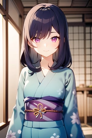 1girl, standing, Shoulder length hair, bang hair, dark blue hair, light pink eyes, round eyes, yukata