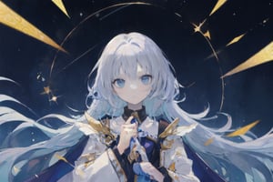 Fantasy magician girl holding a celestial robe. The background is a starry sky