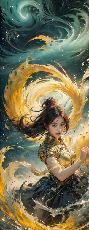 hyper realistic,hyper real,1girl,Chinese girl, fiercely lunges towards her enemy, star in eye, blush, perfect illumination, caramel hair styled as short hair, bright red hair, wearing golden headband around the head, star jewel earing, black eyes,  dressed in outfit with outer golden chest armor, beautiful wings, spraying water droplets in all directions, Gorgeous, ethereal aura, ray tracing, sidelighting, detailed face, bangs, bright skin, dreamlike atmosphere, starry nebula background, Sharp glossy focus, equirectangular 360, Highres 8k, extreme detailed, aesthetic, masterpiece, best quality, rich texture, kinetic move effect, colorful,Movie Still,solo,r1ge,
frown,