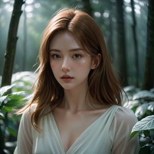 1girl,  uper body,  close up of a woman,  stand among leaves,  winter forest,  ginger hair,  Sandy Blonde side-swept hair,  long hair,  natural skin texture,  24mm,  4k textures,  soft cinematic light,  RAW photo,  photorealism,  photorealistic,  intricate,  elegant,  highly detailed,  sharp focus,  ((((cinematic look)))),  detailed skin,  soothing tones,  insane details,  intricate details,  hyperdetailed,  low contrast,  soft cinematic light,  dim colors,  exposure blend,  hdr,  faded