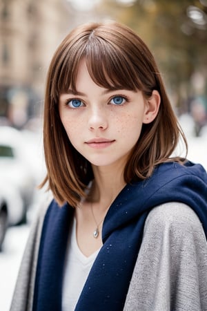 photograph of a cute adult girl, redhair, pale skin, freckles, blush, innocent, petite and youthful face, silver blue eyes, wearing a cloak, city christmas festival, snowfall, Porta 160 color, shot on ARRI ALEXA 65, bokeh, sharp focus on subject, shot by Don McCullin, nsfw, (natural skin texture, hyperrealism, soft light, sharp), (perfect round eyes:1.3), Capture the essence of her beauty, Enrich the composition with soft, diffused natural light that accentuates the textures and colors, creating a timeless and culturally rich image,