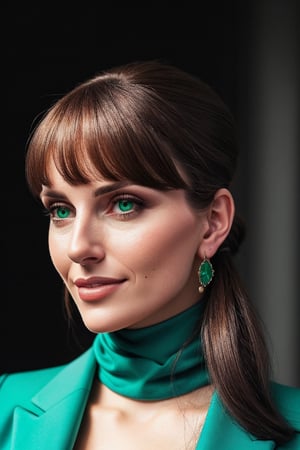a photo of a cute 30-year-old woman, dgmochav2_TI, professional portrait photo,Slack-jawed awe look on face, high neck Emerald Kashmiri Pashmina Suit, high ponytail and bangs, soft lighting, solo, background of Tech Startup