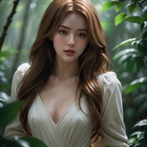 1girl,  uper body,  close up of a woman,  stand among leaves,  winter forest,  ginger hair,  Sandy Blonde side-swept hair,  long hair,  natural skin texture,  24mm,  4k textures,  soft cinematic light,  RAW photo,  photorealism,  photorealistic,  intricate,  elegant,  highly detailed,  sharp focus,  ((((cinematic look)))),  detailed skin,  soothing tones,  insane details,  intricate details,  hyperdetailed,  low contrast,  soft cinematic light,  dim colors,  exposure blend,  hdr,  faded