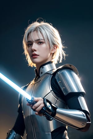 realistic, ((masterpiece)), ((best quality)), (detailed), cinematic, dynamic lighting, soft shadow, detailed background, professional photography, depth of field, intricate, detailed face, subsurface scattering, realistic hair, realistic eyes, manly, photo of a young man, mech4rmor, wearing mechanical, glowing, holding sword, saber sword, dynamic pose, fighting stance, (25 years old), white hair, cinematic background,