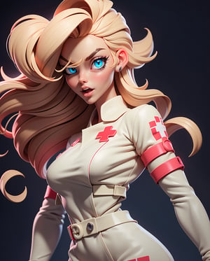 body portrait, (retrowave), nurse blond, neon hospital hall scenery, (detailed skin), opened sexy mouth, medical gloves, neon red cross bg, (((teasing sight))), small breasts, covered with tape, dimples, skinny, white transparent croptop, medical coat, naked