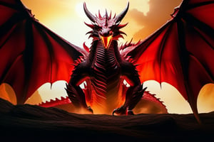 This artwork transcends reality as the fearsome dragon, resplendent in its red scale and black texture, unfolds its colossal wings, capturing the essence of a mythical creature brought to life. The 8K resolution reveals such intricate detail that you can almost feel the heat of the dragon's fiery breath.