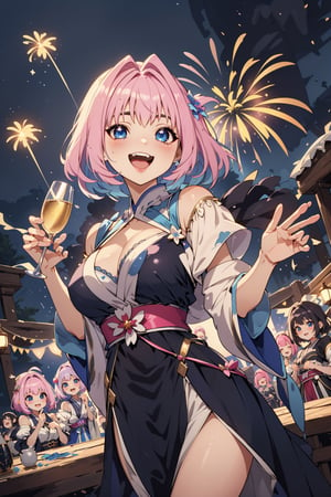 (riamu_yumemi with blue eyes,),(, medieval isekai style, fantasy anime medieval),masterpiece, cute wear, Imagine an enchanting painting set in a fantasy style, portraying a group of elegant girls in stunning evening dresses, joyfully celebrating the new year. Picture them laughing and raising glasses of champagne, exuding excitement and camaraderie. Craft a vibrant scene that captures the energy of the occasion, with colorful fireworks bursting in the night sky. Create a masterpiece that not only showcases beautiful girls but also embodies the magical spirit of a joyous New Year's celebration.,riamu,ingling,kukishinobudef