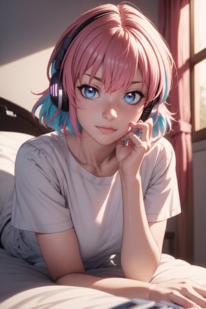 (anime_realistic:1.4),lying down, riamuyumemi, ,riamu yumemi, ahoge, blue hair, hair intakes, multicolored hair, (multicolored eyes, blue eyes:1.1), hot pink hair, short hair, two-tone hair,BREAK,    shirt, short sleeves, t-shirt, looking at viewer, full body, indoors, (masterpiece:1.2), best quality, high resolution, unity 8k wallpaper, (illustration:0.8), (beautiful detailed eyes:), extremely detailed face, perfect lighting, extremely detailed CG, (perfect hands, perfect anatomy),Realism,riamu,ph_Mar,perfect,photorealistic, 

A young woman with wild, disheveled hair, synthwave, lost in her own world, listening to music through her headphones, lying on bed, wearing a cargo pants surrounded by a chaotic bedroom background, drawn in the classic 90s anime art style of Naoko Takeuchi with a VHS effect, 