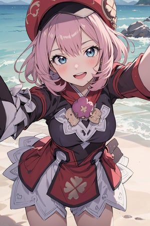 (semi realistic anime:1.6) masterpiece, horny face, excited, happy,  1girl, pink hair, short hair, blue eyes, lue hair, (instagram pose:1.1) (Selfie:1.1), medium_breasts, close-up,  cosplay  klee custon , klee, genshin_impact, medium shot, on japanese beach, anime style 4 k,  anime, best quality, ,riamu,ph_Mar,torino aqua,klee (genshin impact),1boy