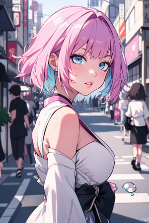 (semi realistic anime:1.1),riamu,ph_Mar,torino aqua,AGGA_ST004, multicolored_eyes, pink hair, horny face, ((masterpiece)), absurdres,  
 extremely detailed hair, extremely detailed eyes, iris detailed eyes, 
1girl, air_bubble, artist_name, bare_shoulders, breasts, bubble, from_side, head_back, jewelry,  protruding breasts, dress with strap, hair in the wind, seductive look, long dress, nose, parted_lips,  pink_hair, profile, solo,white dress, upper_body

(masterpiece, best quality, highres, portrait, 1girl, solo, short hair, looking at viewer, multicolored hair,) 

short hair, chromatic aberration, + Quality labels,  best quality, 1girl ,fabulous, beautiful detailed eyes,  texture detailed, blue eyes, extremely detailed hair, extremely detailed eyes, iris detailed eyes, detailed texture, high light,   perfect body,{{{{{{{{ masterpiece }}}}}}}},

Tokyo city: city, japan, street, Japanese inner city, Japanese houses, sign, sidewalk, tall building, bright marketing signs, neon, perspective, people walking, corner, showcase,
