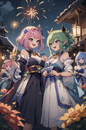 4 girls, friends, (riamu_yumemi with blue eyes, amber_(genshin_impact), nahida_(genshin_impact), Kokomi_(genshin_impact),(, medieval isekai style, fantasy anime medieval)),masterpiece, cute wear, Imagine an enchanting painting set in a fantasy style, portraying a group of elegant girls in stunning evening dresses, joyfully celebrating the new year. Picture them laughing and raising glasses of champagne, exuding excitement and camaraderie. Craft a vibrant scene that captures the energy of the occasion, with colorful fireworks bursting in the night sky. Create a masterpiece that not only showcases beautiful girls but also embodies the magical spirit of a joyous New Year's celebration.,multiple girls,riamu,ingling,kukishinobudef